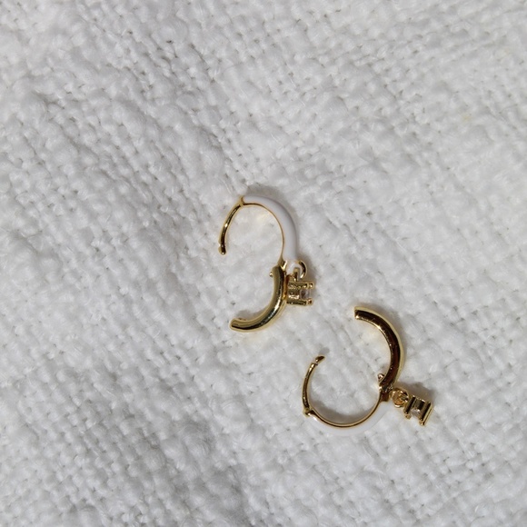 Sterling Silver White Enamel Hoop Earrings with Simulated Diamond - Picture 2 of 11